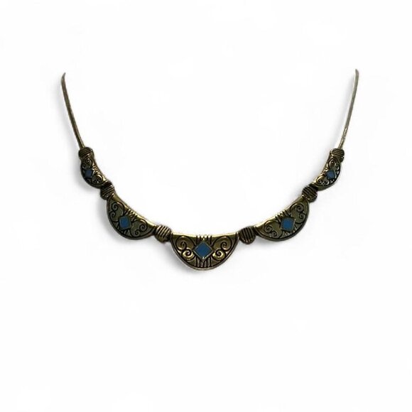 Vintage Art Deco gold tone blue stone etched adjustable necklace - Picture 2 of 2